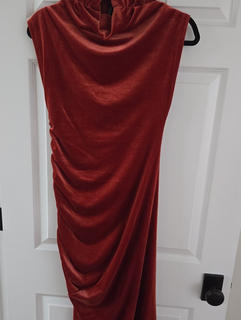 NWT Anthropologie High Neck Rust Velvet Ruched Asymmetric Maxi Dress Small S